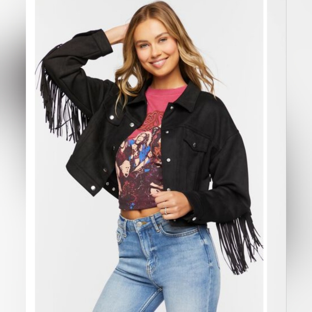 Forever 21 Women's Black Faux Suede Fringe Jacket Large